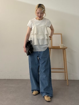 「CIAOPANIC TYPY（チャオパニックティピー）の【ZOZO限定】柄アソートフリルキャミソール（シャツ/ブラウス、ホワイト系）」を使った、shihoさん（レディース・161cm）の春コーディネート