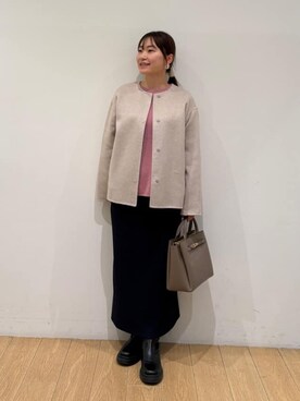 「INDIVI（インディヴィ）の【配色デザイン／ショート丈】ウールリバー ノーカラーコート（ノーカラーコート、ベージュ系）」を使った、maiさん（レディース・153cm）の秋コーディネート