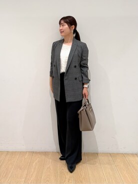 「INDIVI（インディヴィ）の【洗える／オンオフ】チェック柄ダブルジャケット（テーラードジャケット、ブラック系）」を使った、maiさん（レディース・153cm）の秋コーディネート