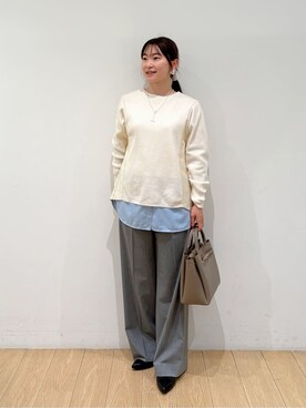 「INDIVI（インディヴィ）の【コットン】シャツ切り替えカットソー（Tシャツ/カットソー、ホワイト系）」を使った、maiさん（レディース・153cm）の秋コーディネート