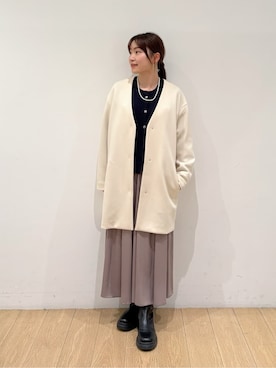 「INDIVI（インディヴィ）の【秋／軽羽織り】ノーカラーミドル丈ライトコート（ノーカラージャケット、ホワイト系）」を使った、maiさん（レディース・153cm）の秋コーディネート