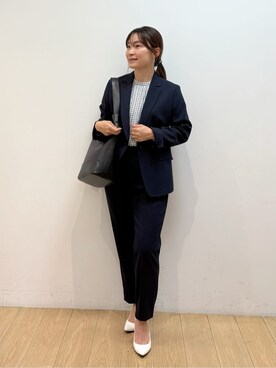 「INDIVI（インディヴィ）の【洗える／通勤／スーツ】メランジストレッチ テーラージャケット（スーツジャケット、ブルー系）」を使った、maiさん（レディース・153cm）の秋コーディネート