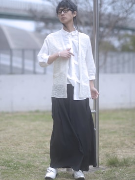 「ALBINO（アルビーノ）の和紙混紡サマーニットフレンチスリーブカーディガン  （カーディガン/ボレロ、ホワイト系）」を使った、ShotaroKonishiさん（メンズ・175cm）の春コーディネート