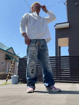 「どっかの国のパジャマシャツのアイテム（シャツ/ブラウス、ホワイト系）」を使った、　たーなーさん（メンズ・184cm）の春コーディネート