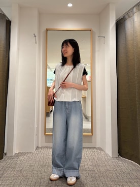 「CANAL JEAN（キャナルジーン）のHARING　コットンレースノースリブラウス（シャツ/ブラウス、ホワイト系）」を使った、Maiさん（レディース・155cm）の夏コーディネート