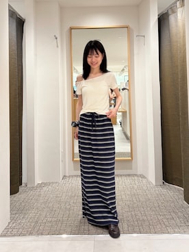 「CANAL JEAN（キャナルジーン）のEl mar　ボーダーロングスカート（スカート、ブルー系）」を使った、Maiさん（レディース・155cm）の夏コーディネート
