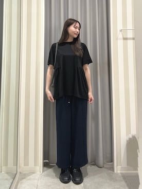 「SHOO・LA・RUE（シューラルー）の【S-LL/洗濯機可/UV】インせず着られる サイドギャザー切替トップス（Tシャツ/カットソー、ブラック系）」を使った、mik0511gさん（レディース）の夏コーディネート