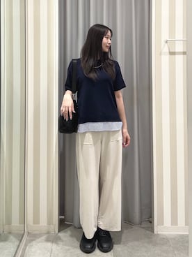 「SHOO・LA・RUE（シューラルー）の【UV/洗濯機可/S-LL】毛玉になりにくい シャツレイヤード風でこなれ見え 半袖ニット（ニット/セーター、ブルー系）」を使った、mik0511gさん（レディース）の夏コーディネート