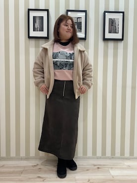 「SHOO・LA・RUE（シューラルー）の【S-LL】軽くてふんわりあたたかい スライバージャケット（ブルゾン、ベージュ系）」を使った、みさぼうさん（レディース・160cm）の冬コーディネート