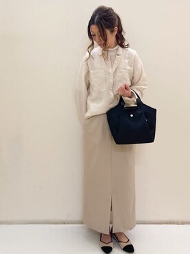 「OPAQUE.CLIP（オペークドットクリップ）の《andGIRL掲載》麻混シアーダブルポケットシャツ【洗濯機洗い可】（シャツ/ブラウス、ベージュ系）」を使った、ユウさん（レディース・158cm）の春コーディネート