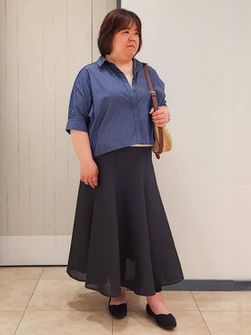 「grove（グローブ）の【夏に嬉しい機能付き】ドルマンクロップドシャツ（シャツ/ブラウス、ブルー系）」を使った、minoriさん（レディース・155cm）の春コーディネート