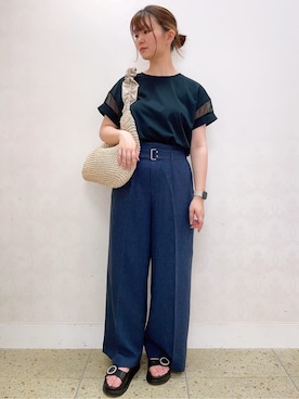 「grove（グローブ）の【UVカット・接触冷感】シアードッキングTシャツ（Tシャツ/カットソー、ブラック系）」を使った、satoさん（レディース・162cm）の夏コーディネート
