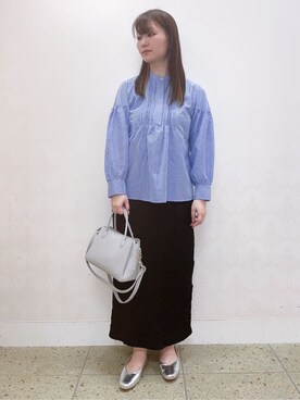 「grove（グローブ）のピンタックボリュームスリーブブラウス（シャツ/ブラウス、ブルー系）」を使った、satoさん（レディース・162cm）の春コーディネート