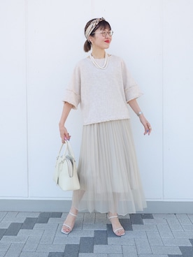 「UNTITLED（アンタイトル）のドライミックスツィードブラウス（シャツ/ブラウス、ベージュ系）」を使った、MUTSUKOさん（レディース・163cm）の夏コーディネート