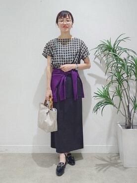 「UNTITLED（アンタイトル）のシアーチェックブラウス（シャツ/ブラウス、ブラック系）」を使った、MUTSUKOさん（レディース・163cm）の夏コーディネート
