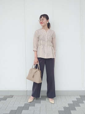 「UNTITLED（アンタイトル）のストライプシャーリングブラウス（シャツ/ブラウス、ベージュ系）」を使った、MUTSUKOさん（レディース・163cm）の夏コーディネート