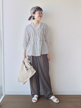 「UNTITLED（アンタイトル）のストライプシャーリングブラウス（シャツ/ブラウス、グリーン系）」を使った、MUTSUKOさん（レディース・163cm）の夏コーディネート
