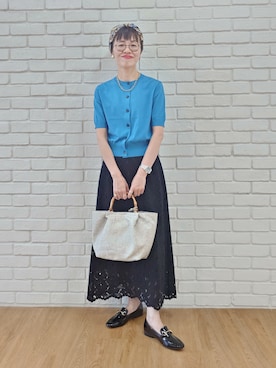 「UNTITLED（アンタイトル）の【すっきりコンパクト】ドライタッチ5分袖カーディガン（カーディガン/ボレロ、ブルー系）」を使った、MUTSUKOさん（レディース・163cm）の夏コーディネート