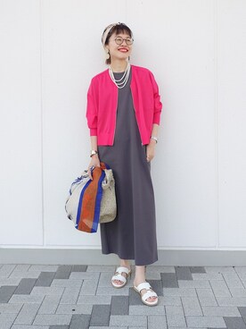 「UNTITLED（アンタイトル）の【アンサンブル可/日除け・冷房対策】シアーレーヨンZIPカーディガン（カーディガン/ボレロ、ピンク系）」を使った、MUTSUKOさん（レディース・163cm）の春コーディネート