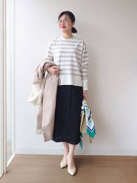 「アイテム（ノーカラーコート、ベージュ系）」を使った、MUTSUKOさん（レディース・163cm）の冬コーディネート