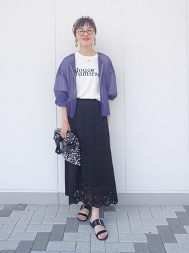 「UNTITLED（アンタイトル）のトリコットシアーブラウス（シャツ/ブラウス、ブルー系）」を使った、MUTSUKOさん（レディース・163cm）の夏コーディネート