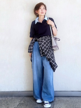 「OPAQUE.CLIP（オペークドットクリップ）の2WAY衿ドッキングニット《洗濯機OK》（ニット/セーター、ブルー系）」を使った、milkyさん（レディース・161cm）の夏コーディネート