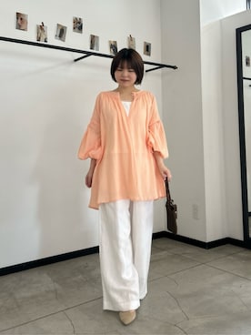 「LARUTA（ラルータ）の【LARUTA】前後2WAYシャーリングパフスリーブブラウス（シャツ/ブラウス、ピンク系）」を使った、LARUTAさん（レディース・163cm）の夏コーディネート