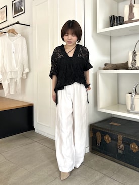 「LARUTA（ラルータ）の【LARUTA】レーススキッパーシャツ（シャツ/ブラウス、ブラック系）」を使った、LARUTAさん（レディース・163cm）の夏コーディネート