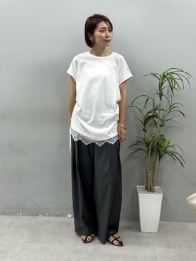 「LARUTA（ラルータ）の【LARUTA】ヘムレースシルケット風天竺フレンチT（Tシャツ/カットソー、ホワイト系）」を使った、LARUTAさん（レディース・163cm）の夏コーディネート