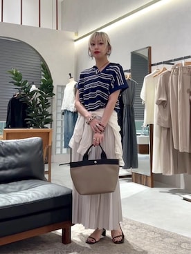 「LARUTA（ラルータ）の【LARUTA】シアーボーダースキッパーニット（ニット/セーター、ブルー系）」を使った、LARUTAさん（レディース・163cm）の夏コーディネート