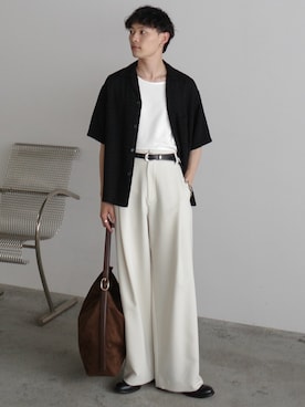 「WYM LIDNM（ウィム バイ リドム）のGAUZE JACQUARD CHECK H/S SHIRT（シャツ/ブラウス、ブラック系）」を使った、Hibikiさん（メンズ・165cm）の夏コーディネート