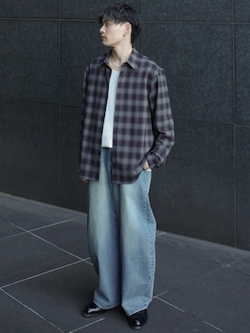 「WYM LIDNM（ウィム バイ リドム）のLOFTY DRAPE OMBRE CHECK SHIRT（シャツ/ブラウス、ブラウン系）」を使った、Hibikiさん（メンズ・165cm）の春コーディネート