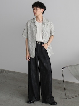 「WYM LIDNM（ウィム バイ リドム）のCLASSIC PLAID BOX H/S SHIRT（シャツ/ブラウス、ホワイト系）」を使った、Hibikiさん（メンズ・165cm）の夏コーディネート