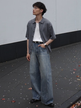 「WYM LIDNM（ウィム バイ リドム）のT/C BASIC HALF SLEEVE KNIT SHIRT（シャツ/ブラウス、グレー系）」を使った、Hibikiさん（メンズ・165cm）の春コーディネート
