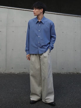 「WYM LIDNM（ウィム バイ リドム）のMICRO SPAN CROPPED SHIRT（シャツ/ブラウス、ブルー系）」を使った、Hibikiさん（メンズ・165cm）の春コーディネート