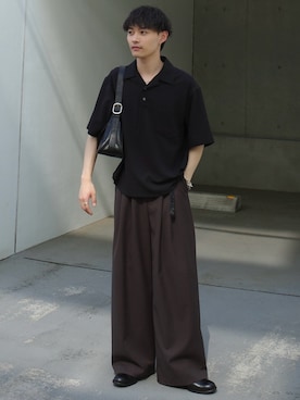 「WYM LIDNM（ウィム バイ リドム）のEMBOSSED SOFT GLOW SHOULDER BAG（ショルダーバッグ、ブラック系）」を使った、Hibikiさん（メンズ・165cm）の夏コーディネート