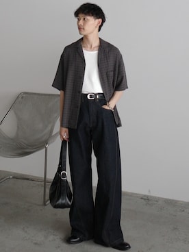「WYM LIDNM（ウィム バイ リドム）のGAUZE JACQUARD CHECK H/S SHIRT（シャツ/ブラウス、グレー系）」を使った、Hibikiさん（メンズ・165cm）の春コーディネート