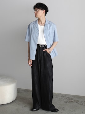 「WYM LIDNM（ウィム バイ リドム）のMICRO SPAN CROPPED H/S SHIRT（シャツ/ブラウス、ブルー系）」を使った、Hibikiさん（メンズ・165cm）の春コーディネート