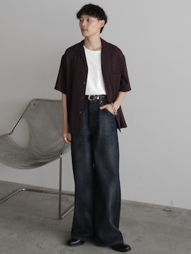 「WYM LIDNM（ウィム バイ リドム）のGAUZE JACQUARD CHECK H/S SHIRT（シャツ/ブラウス、ブラウン系）」を使った、Hibikiさん（メンズ・165cm）の夏コーディネート