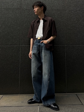 「WYM LIDNM（ウィム バイ リドム）のCOOL TOUCH MICRO SPAN H/S SHIRT（シャツ/ブラウス、ブラウン系）」を使った、Hibikiさん（メンズ・165cm）の春コーディネート