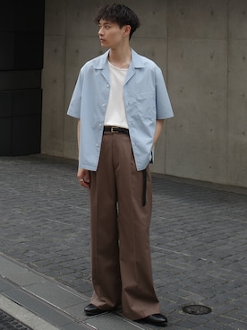 「WYM LIDNM（ウィム バイ リドム）のMICRO SPAN CROPPED H/S SHIRT（シャツ/ブラウス、ブルー系）」を使った、Hibikiさん（メンズ・165cm）の夏コーディネート