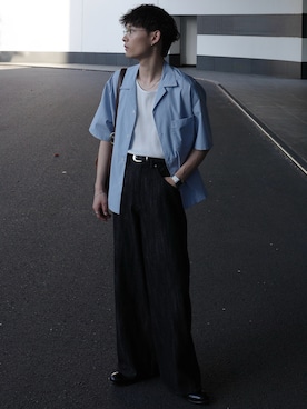 「WYM LIDNM（ウィム バイ リドム）のMICRO SPAN CROPPED H/S SHIRT（シャツ/ブラウス、ブルー系）」を使った、Hibikiさん（メンズ・165cm）の春コーディネート