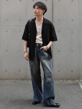 「WYM LIDNM（ウィム バイ リドム）のVINTAGE WASHED CURVED DENIM（デニムパンツ、ブルー系）」を使った、Hibikiさん（メンズ・165cm）の春コーディネート