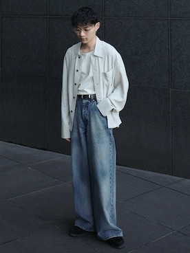 「WYM LIDNM（ウィム バイ リドム）のRAYON JACQUARD CROPPED SHIRT（シャツ/ブラウス、グレー系）」を使った、Hibikiさん（メンズ・165cm）の春コーディネート