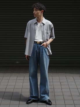 「WYM LIDNM（ウィム バイ リドム）のCOOL TOUCH MICRO SPAN H/S SHIRT（シャツ/ブラウス、ブルー系）」を使った、Hibikiさん（メンズ・165cm）の夏コーディネート