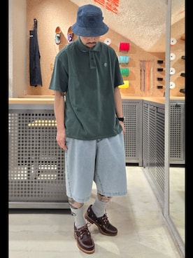 「Timberland（ティンバーランド）の【定番】スリーアイ(3eye) クラシックラグ メンズ（モカシン/デッキシューズ、ブラウン系）」を使った、Toさん（メンズ・175cm）の夏コーディネート