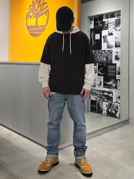 「Timberland（ティンバーランド）のウォータープルーフ フィールド ブーツ メンズ（防水）（ブーツ、ベージュ系）」を使った、Toさん（メンズ・175cm）の秋コーディネート