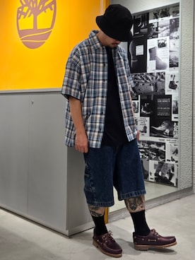 「Timberland（ティンバーランド）の【定番】スリーアイ(3eye) クラシックラグ メンズ（モカシン/デッキシューズ、レッド系）」を使った、Toさん（メンズ・175cm）の夏コーディネート