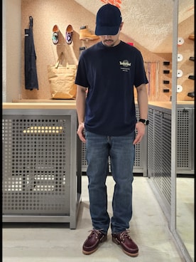 「Timberland（ティンバーランド）の【定番】スリーアイ(3eye) クラシックラグ メンズ（モカシン/デッキシューズ、ブラウン系）」を使った、Toさん（メンズ・175cm）の夏コーディネート