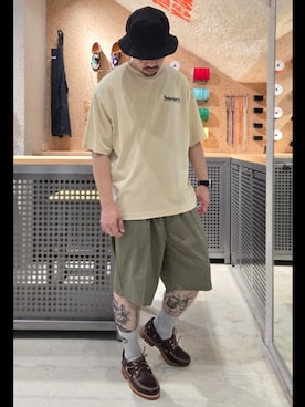 「Timberland（ティンバーランド）の【定番】スリーアイ(3eye) クラシックラグ メンズ（モカシン/デッキシューズ、ブラウン系）」を使った、Toさん（メンズ・175cm）の夏コーディネート